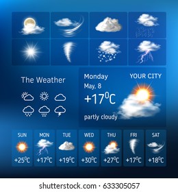 Vector illustration of realistic weather symbols, design for a mobile application weather forecast , a widgets layout of a meteorological application