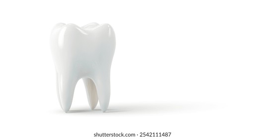 Ilustração vetorial de um dente branco 3D realista, simbolizando saúde dentária, higiene oral e assistência médica. Ideal para temas de odontologia, saúde e serviços de cuidados dentários