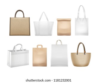 Vector illustration of realistic white and beige shopping bags set and packages collection isolated on background