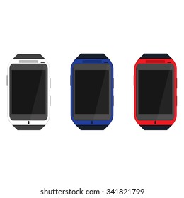 Vector illustration realistic white, blue and red smartwatch. Wearable technology. Smartwatch flat icons