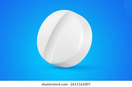 Vector illustration of realistic white color scored tablet on blue background. 3d cartoon style design of tablet. Medical icon for hospital banner, web, flyer