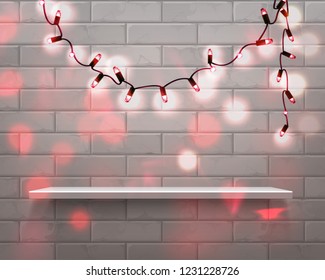 Vector illustration of realistic white empty shelf in front isolated on brick wall background with Christmas red garland lights with glitter overlay or bokeh