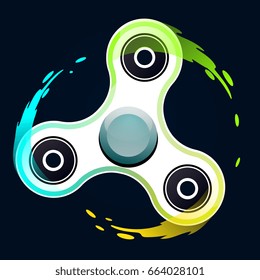 Vector illustration of realistic white fidget spinner with color splash trace of rotation. Creative concept of toy for improvement of attention span on black background. Design of stylish hand spinner