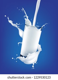 Vector illustration of realistic white milk pouring into transparent glass with splash isolated on background