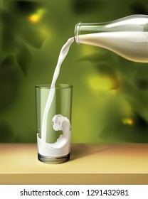 Vector illustration of realistic white milk pouring into transparent glass with splash from the bottle isolated on a wooden table with sunny leafy background