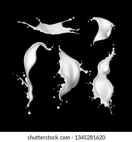 Vector illustration of realistic white milk or cream splashes collection of different forms with drops isolated on black background