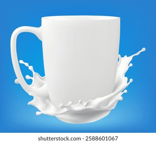 Vector illustration of realistic white milk glass with splash isolated on background