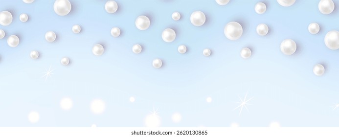 Ilustração vetorial de pérolas brancas realistas espalhadas em um fundo de gradiente azul suave com brilhos. Perfeito para joias, acessórios, marca de luxo ou design cosmético elegante