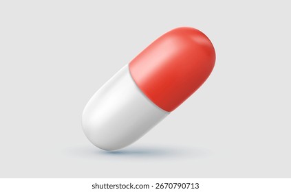 Vektorgrafik der realistischen weißen und roten Pille auf farbigem Hintergrund. 3D-Cartoon-Stil Design der Tablette Kapsel. Medizinisches Medikamentensymbol für Krankenhausbanner, Web, Flyer