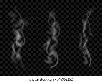 Vector illustration of realistic white smoke isolated on transparent background. Abstract smog.