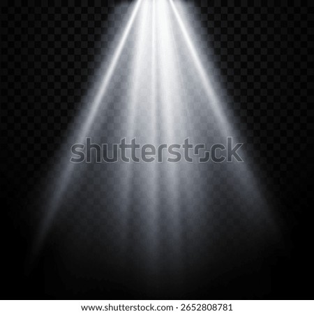 Vector illustration of a realistic white spotlight beam with soft glowing light rays shining downward. The transparent background makes it easy to overlay on any design. 