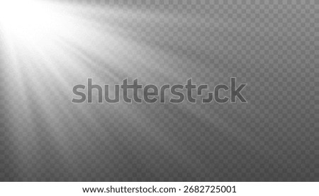 Vector illustration of a realistic white sunlight flare or spotlight from the corner. Special light rays effect on a transparent background for photo overlay, design, and cinematic projects.