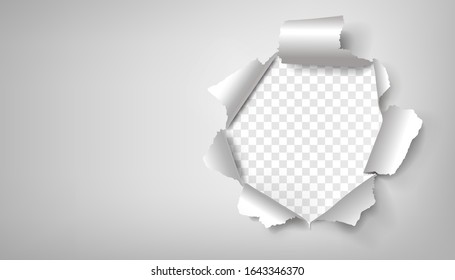 Vector illustration of realistic white torn paper with rolled upsides and round-shaped hole isolated on transparent background. Good for sale ad banners, web sites, flyers.