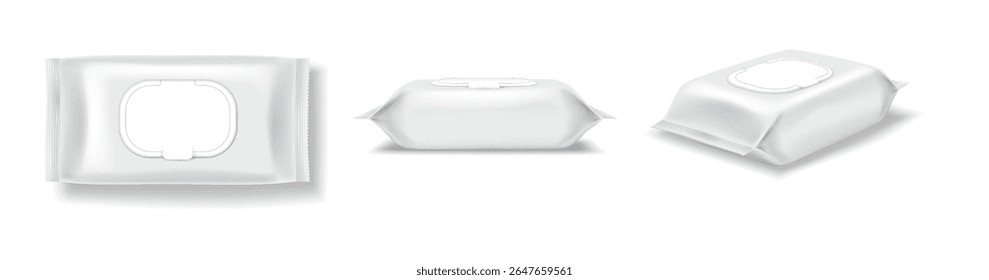 Ilustração vetorial da embalagem de toalhetes úmidos brancos realistas. Estilo minimalista com uma cor branca limpa. Útil para marcas e modelos de produtos.