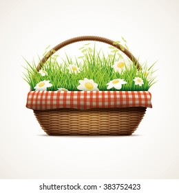 Ilustración vectorial de una canasta realista de mimbre. Flores de hierba y margarita en cesta de mimbre. Los elementos se clasifican por separado en el archivo vectorial.