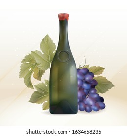 Vector illustration of realistic wine bottle and grape branch with green leaf