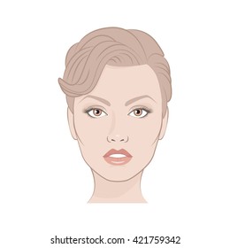 Vector illustration of realistic woman's face close-up. Makeup template. Girl natural appearance and her lips parted. Beauty woman face