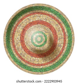 Vector illustration. Realistic woven straw hat. Top view. Mexican sombrero. View from above.