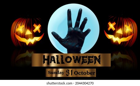 Vector Illustration Of Realistic.Dark Hand on the moon.Halloween pumpkin.