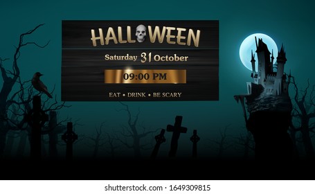 Vector Illustration Of Realistic.Halloween with gold letters hanging on dark castle.Black crow perched on top of a Celtic cross.