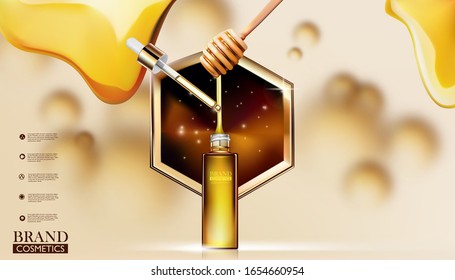 Vector Illustration Of Realistic.Honey Serum Skin Care ads. Packaging products.