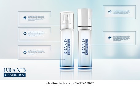 Vector Illustration Of Realistic.spray bottle White cosmetic products with blue background.