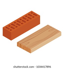 Vector Illustration Realstic Isometric Rasped Wooden Timber Plank For Building Construction Or Floring. Wood Board. Red Brick Block For Building. Masonry Equipment