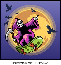Vector illustration of reaper playing skateboard  fly in front of the moon