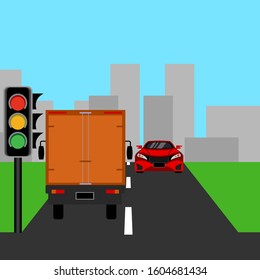 Vector illustration of a rear trailer of a truck passing by a red car on a highway. Flat vector illustration