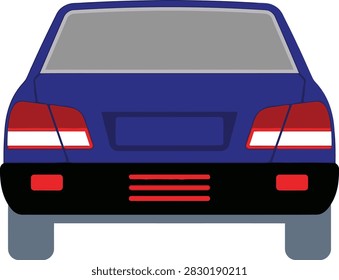 Vector illustration of the rear view of a blue sedan car. Features taillights, license plate area, bumper, and trunk. Ideal for automotive design, transportation, and traffic concepts.