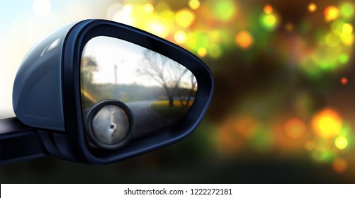 Vector illustration of rear view mirror with small round glass for blind spot zone, isolated on abstract blurred background. Plastic accessory for vehicles to look back on road and drive car safely