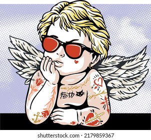 Vector illustration of rebel angel with tattoos and sunglasses on textured background.