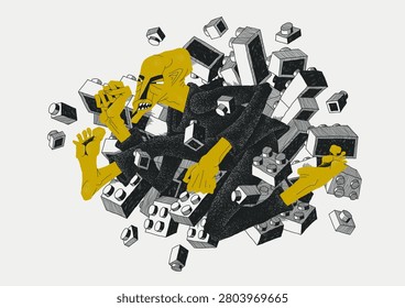 Vector illustration of rebellion and nonconformism. Aggressive man destroying a symbolic social structure. Concept of protest, revolution, resistance, anger and rejection of social norms.