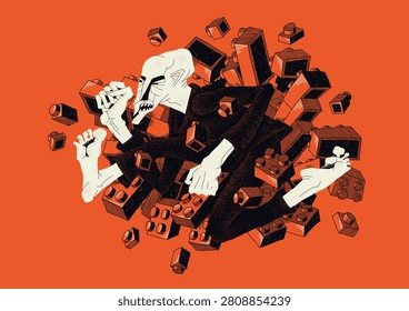 Vector illustration of rebellion and nonconformism. Aggressive man destroying a symbolic social structure. Concept of protest, revolution, resistance, anger and rejection of social norms.