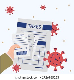 vector illustration, receipts and payments in hand, around the virus covid 19