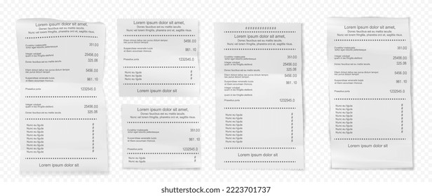 Vector illustration of receipts of realistic payment paper bills for cash or credit card transaction with the purchase of goods amount from a store or store sale. Isolated 3D on transparent background