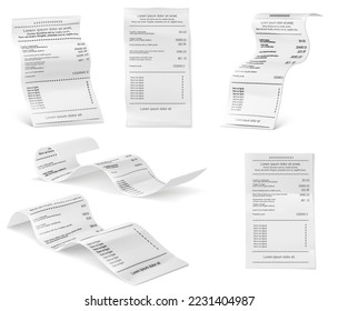 Vector illustration of receipts of realistic payment paper bills for cash or credit card transaction with the purchase of goods amount from a store or store sale. Isolated 3D on white background