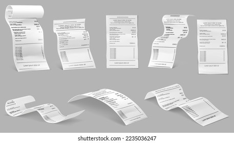 Vector illustration of receipts of realistic payment paper bills for cash or credit card transaction with the purchase of goods amount from a store or store sale. Isolated 3D on grey background