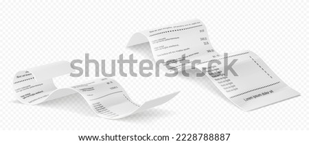 Vector illustration of receipts of realistic payment paper bills for cash or credit card transaction with the purchase of goods amount from a store or store sale. Isolated 3D on transparent background