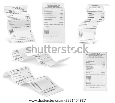 Vector illustration of receipts of realistic payment paper bills for cash or credit card transaction with the purchase of goods amount from a store or store sale. Isolated 3D on white background