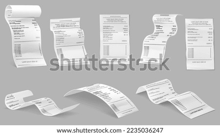 Vector illustration of receipts of realistic payment paper bills for cash or credit card transaction with the purchase of goods amount from a store or store sale. Isolated 3D on grey background