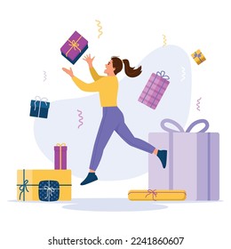 Vector illustration of receiving gifts. Cartoon scene with a girl who received a lot of gifts for her birthday and walks happily collecting them on white background.