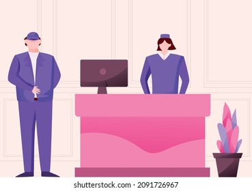 Vector illustration reception hotel staff with customer isolated on lobby hotel background.