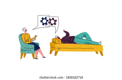 Vector illustration with reception from psychologist, psychotherapist. Specialist is shown helping patient solve problem. Concept of psychological and mental health.