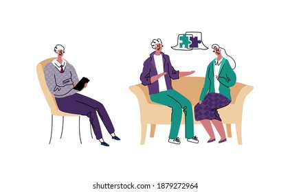 Vector illustration with reception psychotherapy for married couple who are in period of conflicts and problems. Patients come to an agreement.