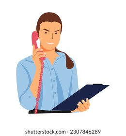 vector illustration of receptionist holding telephone and clipboard