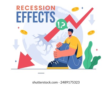 Ilustración vectorial de los efectos de la recesión mostrando el impacto en el crecimiento económico y la disminución de la actividad económica con un fondo plano de caricatura