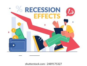 Ilustración vectorial de los efectos de la recesión mostrando el impacto en el crecimiento económico y la disminución de la actividad económica con un fondo plano de caricatura