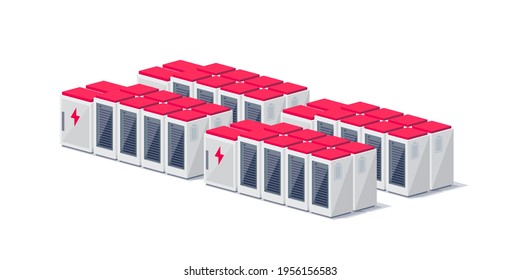 Vector illustration of rechargeable lithium-ion battery energy storage stationary for renewable electric power stations. Backup power energy storage cloud server system isolated on white background.