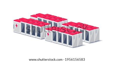 Vector illustration of rechargeable lithium-ion battery energy storage stationary for renewable electric power stations. Backup power energy storage cloud server system isolated on white background.